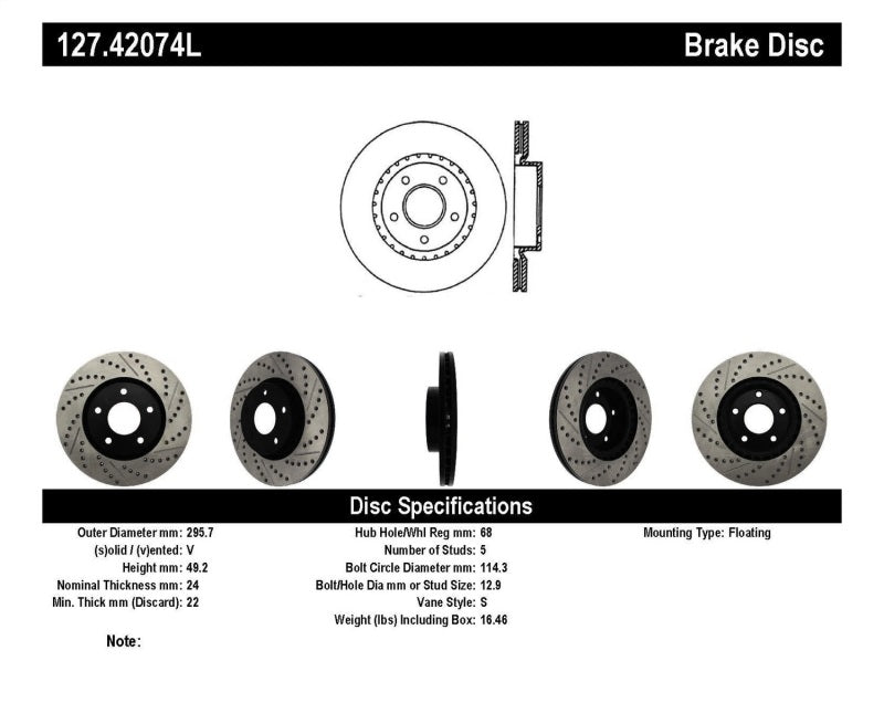 StopTech 1/02-05 Infiniti G35 (alloy disc) / 6/02-05 Nissan 350Z Slotted & Drilled Left Front Rotor