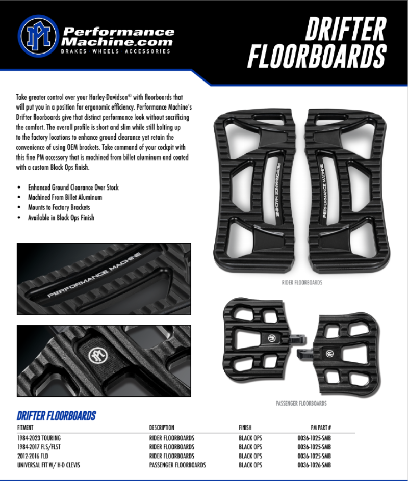 Performance Machine Floorboard Assembly Rider Drifter - Black Ops