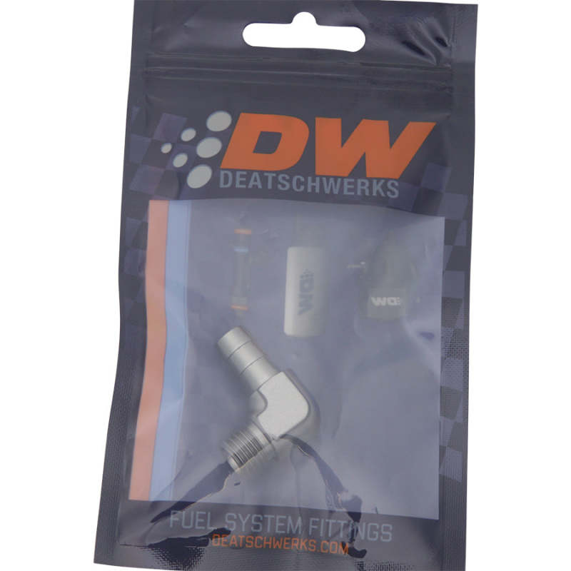 DeatschWerks Metric M12 to 3/8in Hose Barb 90-Degree Fitting w/ Venturi Port - Anodized DW Titanium