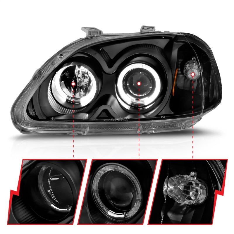 ANZO 1996-1998 Honda Civic Projector Headlights w/ Halo Black