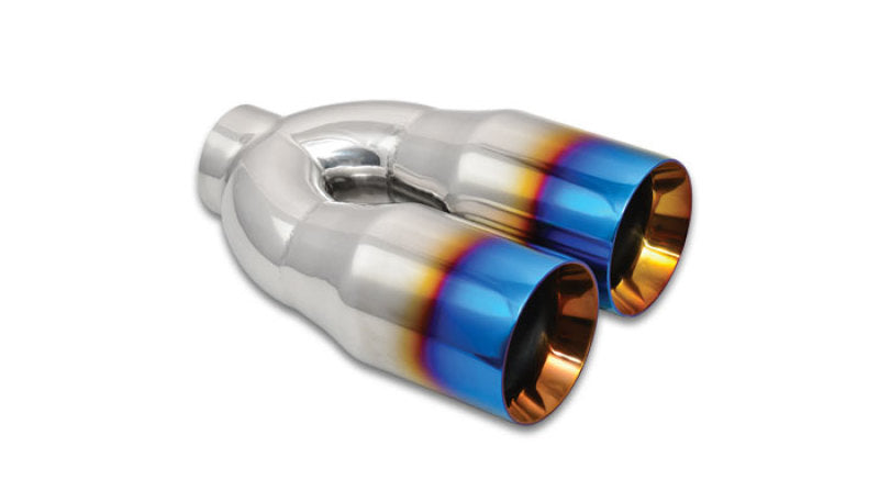 Vibrant 2.5in ID Dual 3.5in OD Round SS Tips (Double Wall, Straight Cut) with Burnt Blue Finish